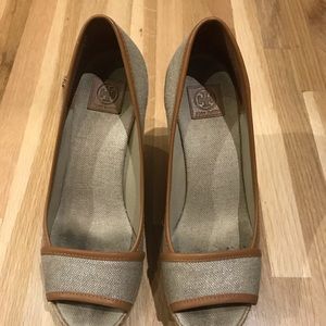 Tory Burch Wedges.  Beige with leather trim.